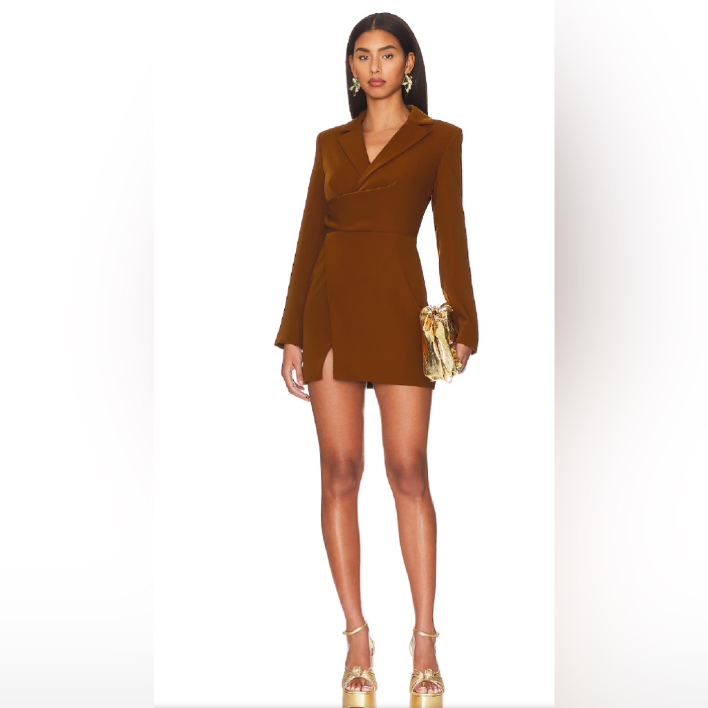 New Lovers And Friends Christelle Mini Dress Brown Long Sleeve Wrap Satin